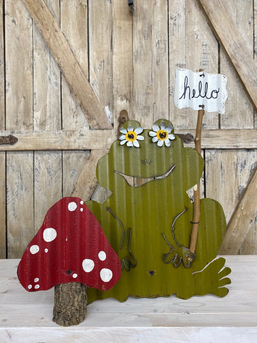 Metal Frog with Hello Sign & Mushroom