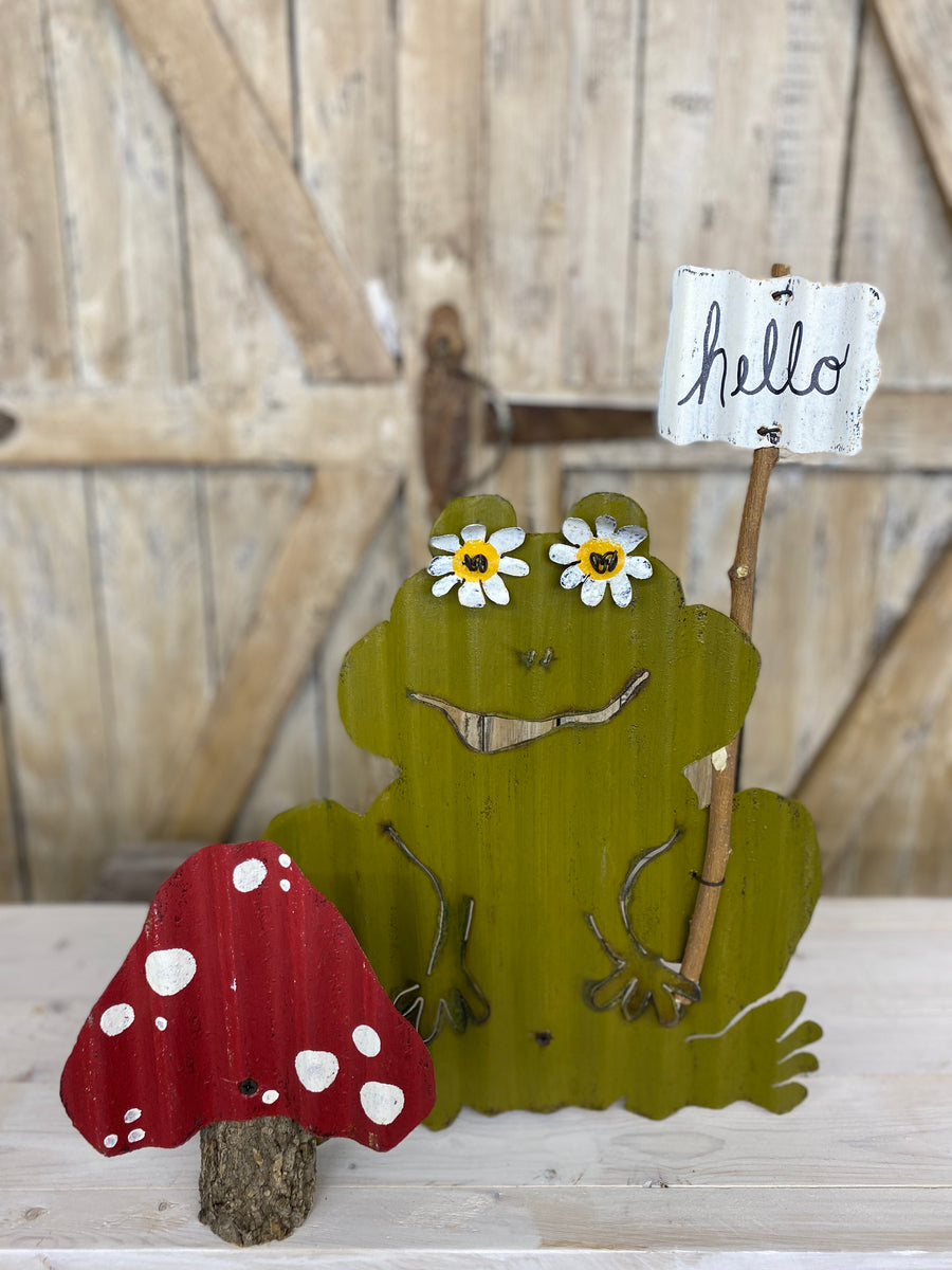 Metal Frog with Hello Sign & Mushroom