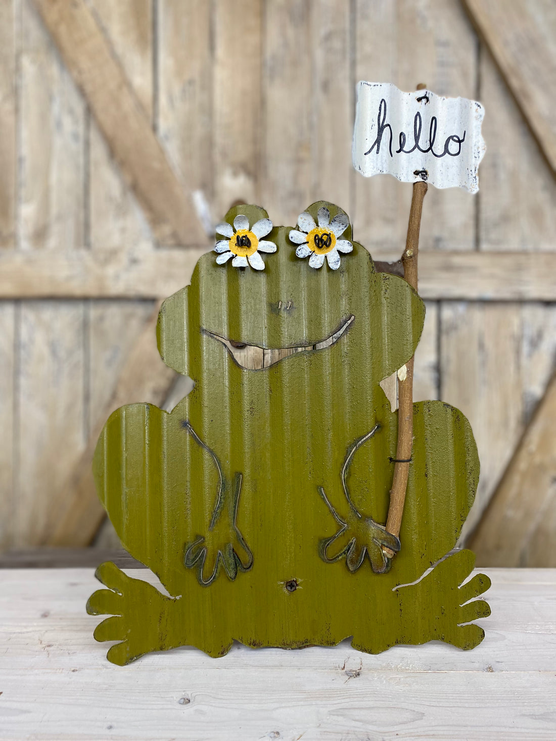 Metal Frog with Hello Sign & Mushroom