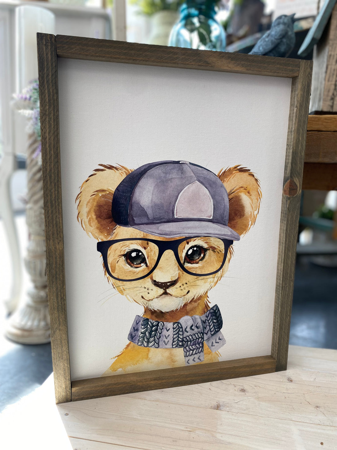 Lion Cub With Baseball Hat Framed Sign