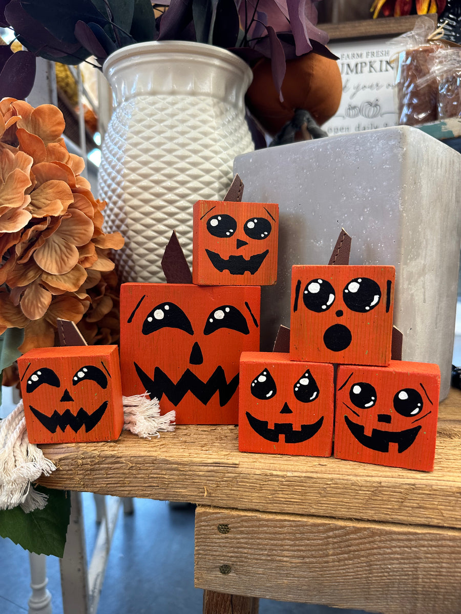 Handcrafted Wooden Jack-O'-Lantern Block