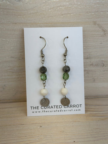 Silver Hammered Small Circle with Marbled Gray, Green + White Drop Earrings
