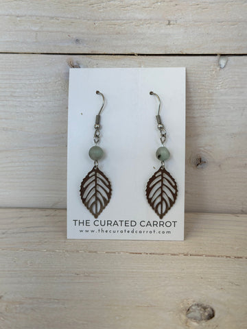 Silver Leaf with Blue Gray Bead Drop Earrings