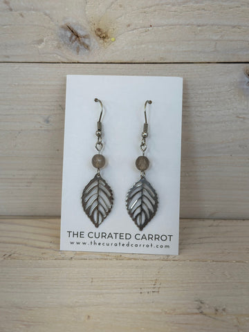 Silver Leaf with Smoky Gray Bead Drop Earrings