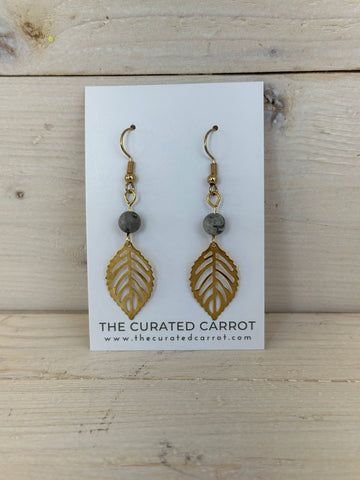 Gold Leaf with Grey Speckled Bead Drop Earrings
