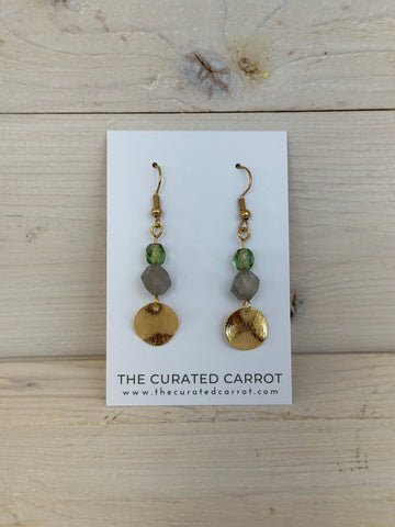 Gold Hammered Circle with Smoky Gray + Green Drop Earrings