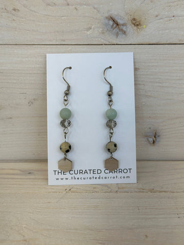 Silver Hexagon with Layered Beads Drop Earrings