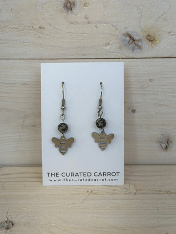 Silver Bee with Speckled Grey Bead Drop Earrings