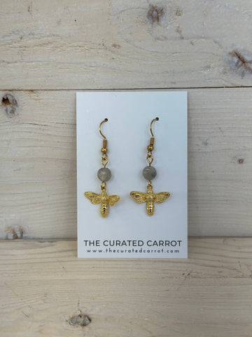 Gold Bee with Smoky Grey Bead Drop Earrings