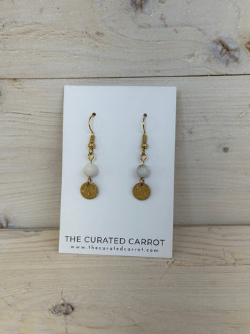Gold Hammered Small Circle with Marbled White Drop Earrings