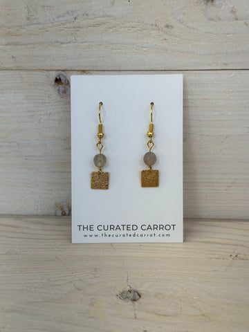 Gold Hammered Square with Smoky Drop Earrings