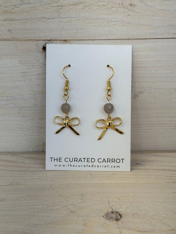 Gold Bow with Smoky Grey Bead Drop Earrings