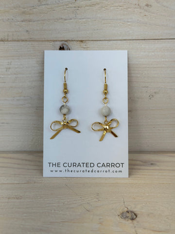 Gold Bow with Marbled Bead Drop Earrings