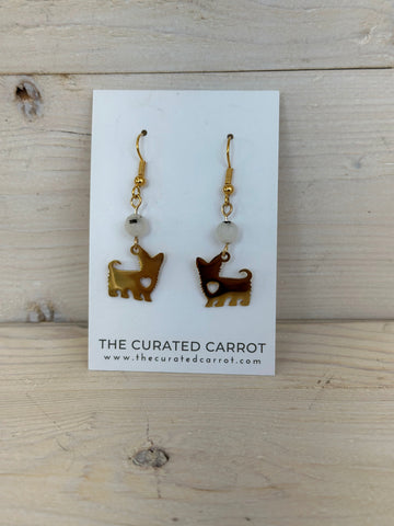 Gold Little Dog with White/Black Bead Drop Earrings