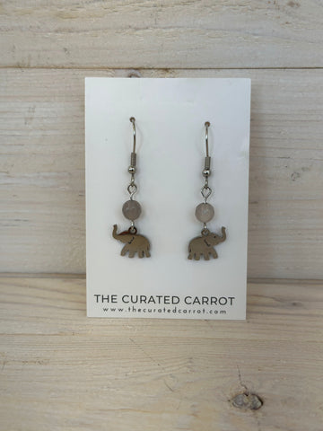 Silver Elephant with Smoky Gray Bead Drop Earrings