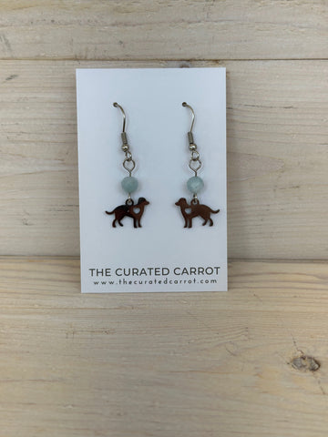 Silver Dog with Light Blue Bead Drop Earrings