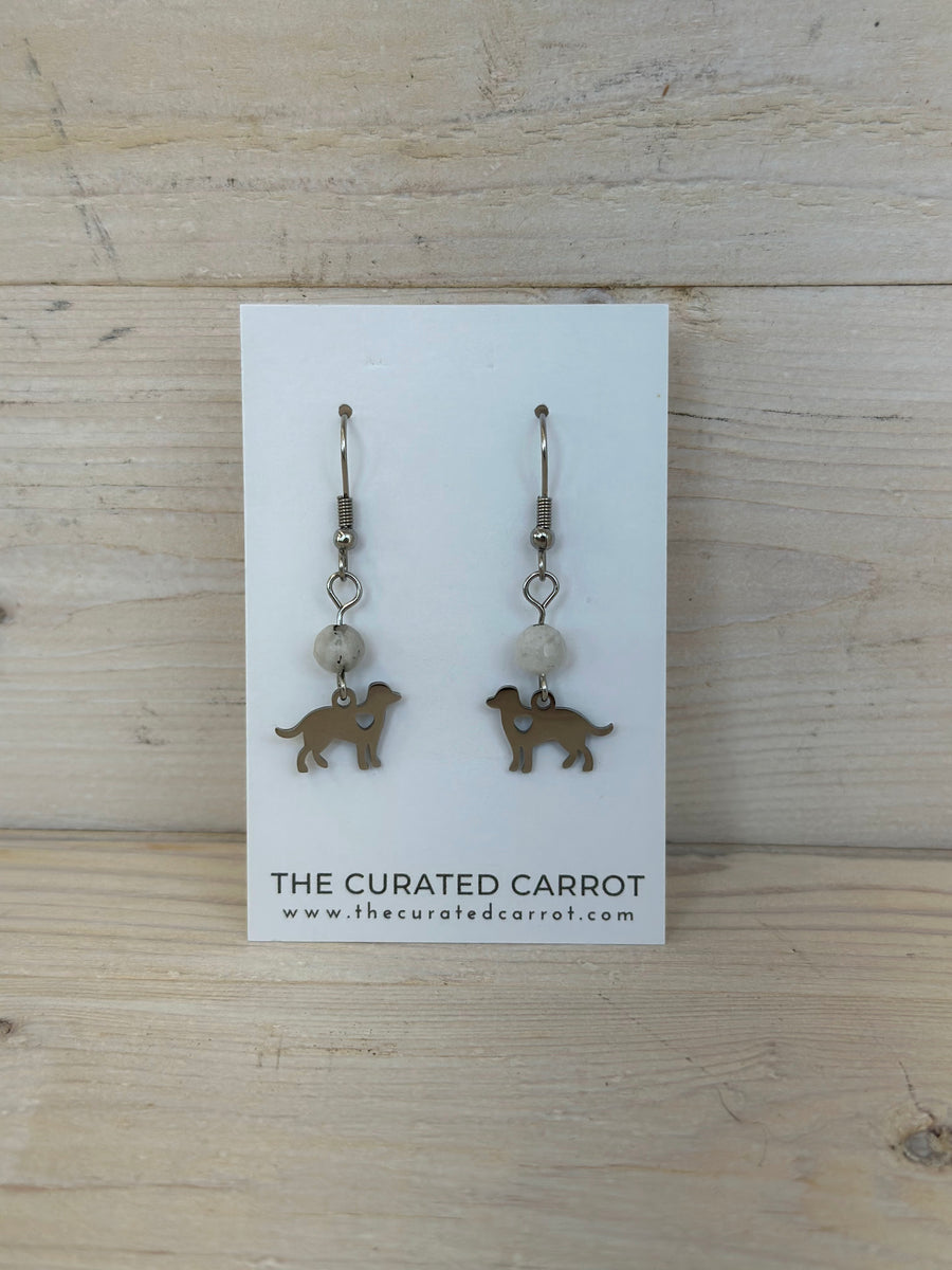 Silver Dog with Marbled White Bead Drop Earrings