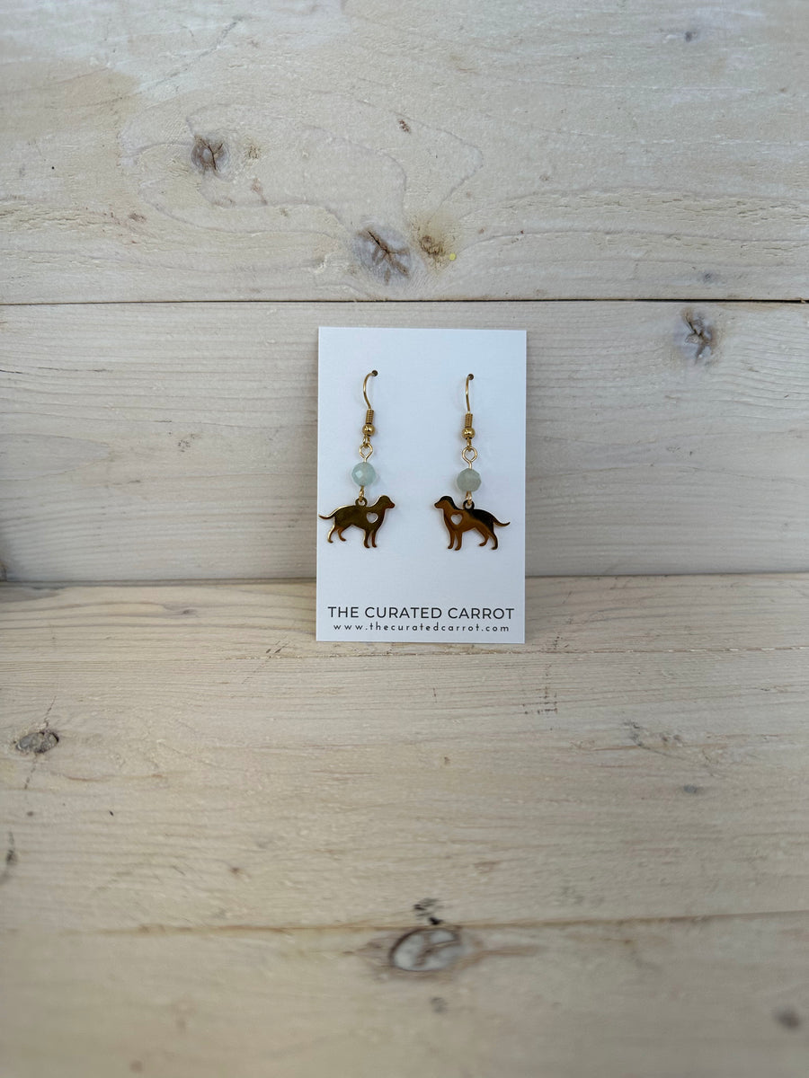 Gold Dog with Light Blue Bead Drop Earrings