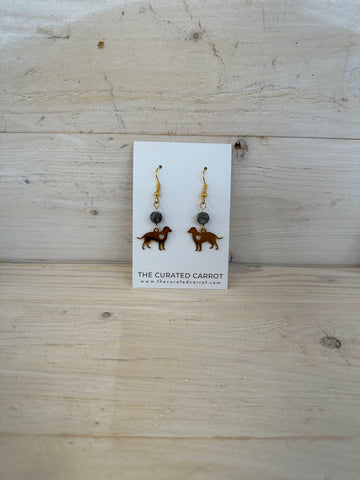 Gold Dog with Marbled Gray Bead Drop Earrings