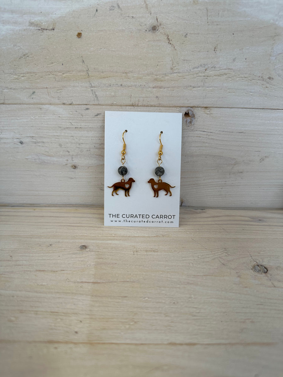 Gold Dog with Marbled Gray Bead Drop Earrings