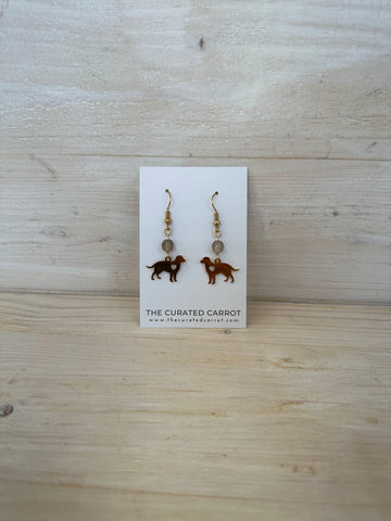Gold Dog with Warm Gray Bead Drop Earrings