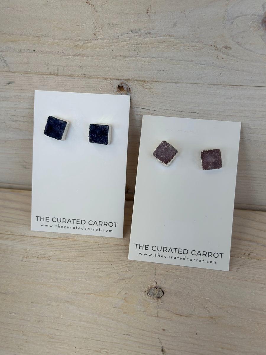 Silver Navy Square Druzy Stud Earrings