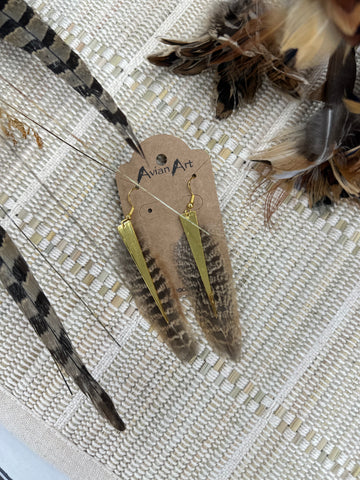 Pheasant Feather + Gold Triangle Earrings