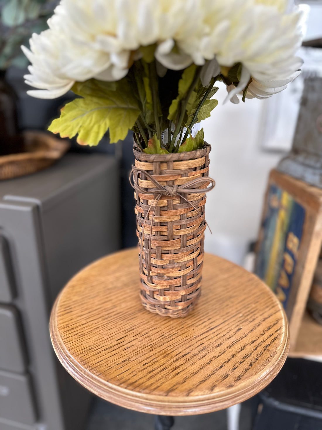 Wicker Vase + Faux Mums