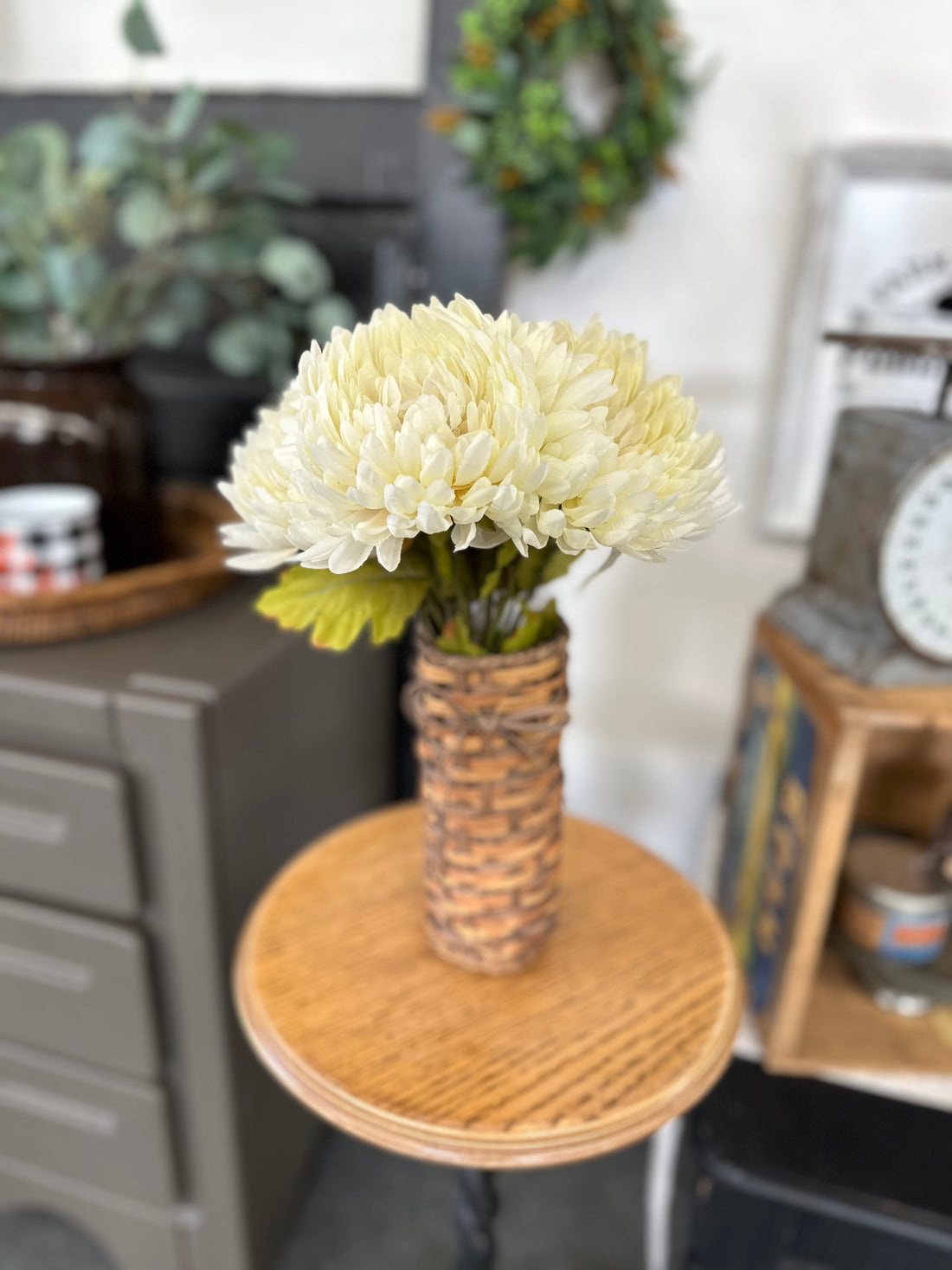 Wicker Vase + Faux Mums
