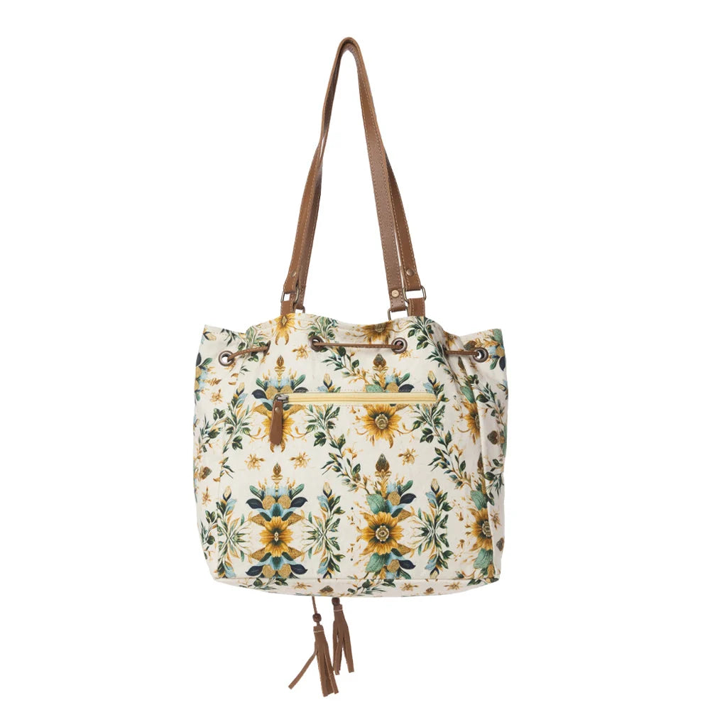 Myra Bags "Southern Bloom" Cotton & Leather Bucket Bag in Chestnut Beige
