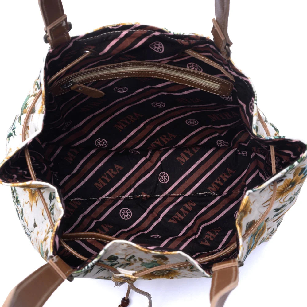Myra Bags "Southern Bloom" Cotton & Leather Bucket Bag in Chestnut Beige