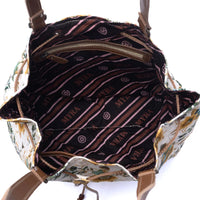 Myra Bags "Southern Bloom" Cotton & Leather Bucket Bag in Chestnut Beige