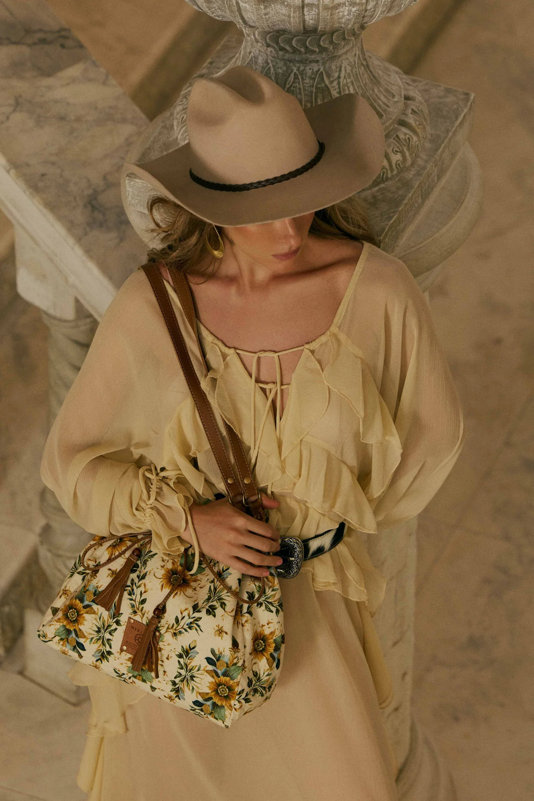 Myra Bags "Southern Bloom" Cotton & Leather Bucket Bag in Chestnut Beige