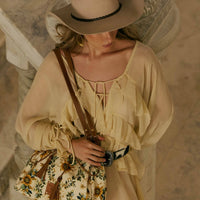 Myra Bags "Southern Bloom" Cotton & Leather Bucket Bag in Chestnut Beige