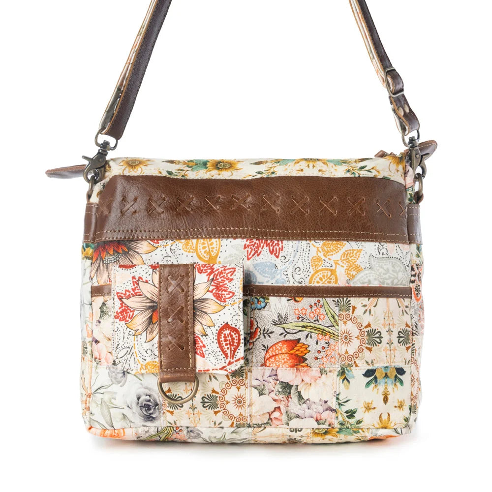 Myra Bags "Posy Mesa" Upcycled Canvas Bag For Women in Beige with Floral Detail