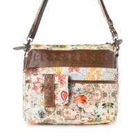Myra Bags "Posy Mesa" Upcycled Canvas Bag For Women in Beige with Floral Detail
