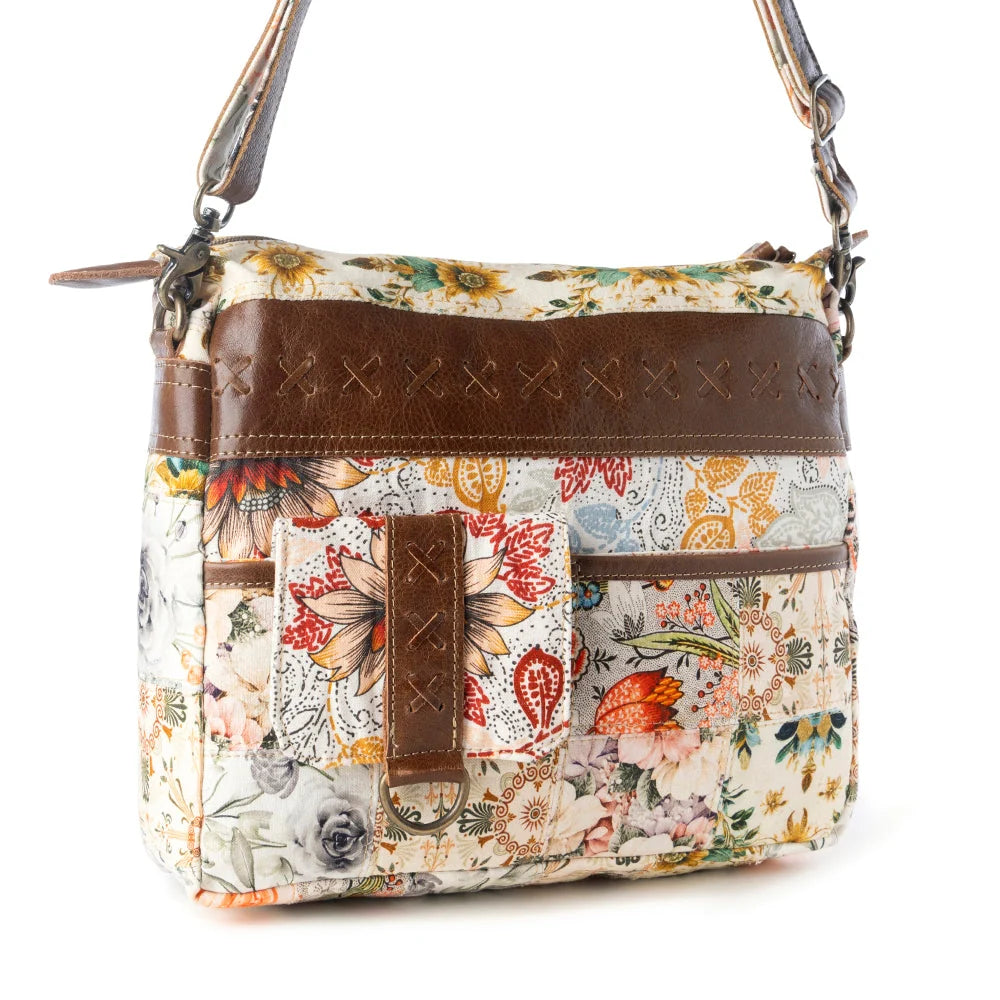Myra Bags "Posy Mesa" Upcycled Canvas Bag For Women in Beige with Floral Detail