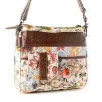 Myra Bags "Posy Mesa" Upcycled Canvas Bag For Women in Beige with Floral Detail