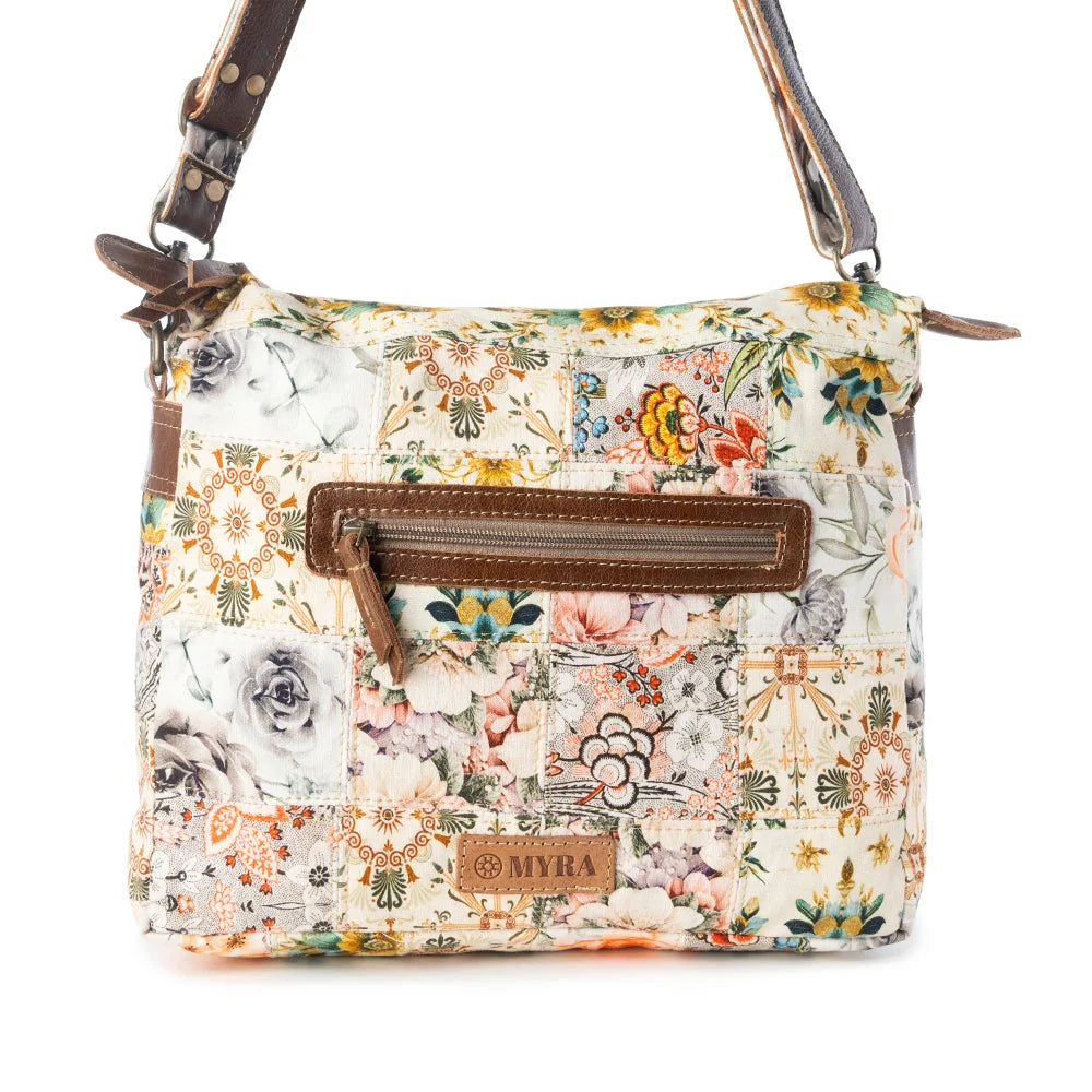 Myra Bags "Posy Mesa" Upcycled Canvas Bag For Women in Beige with Floral Detail