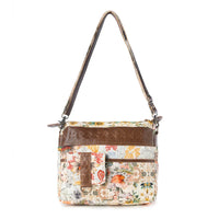 Myra Bags "Posy Mesa" Upcycled Canvas Bag For Women in Beige with Floral Detail