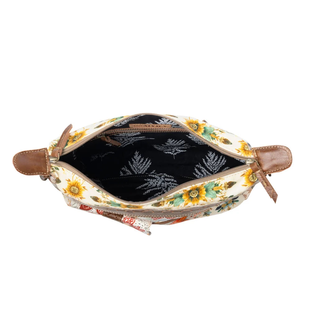 Myra Bags "Posy Mesa" Upcycled Canvas Bag For Women in Beige with Floral Detail