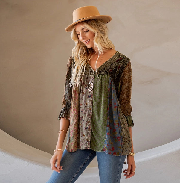 Vintage Boho Patchwork Top - Gravel