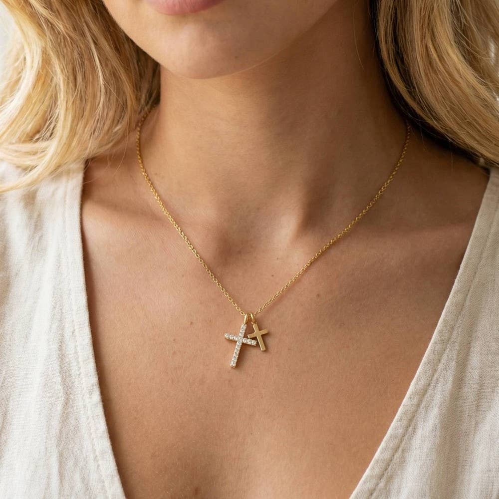 Cubic Zirconia Pave Double Cross Pendant Necklace: Silver