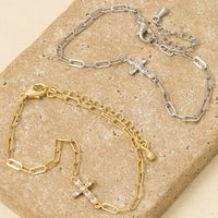Gold Dipped Cubic Zirconia Cross Dainty Chain Bracelet