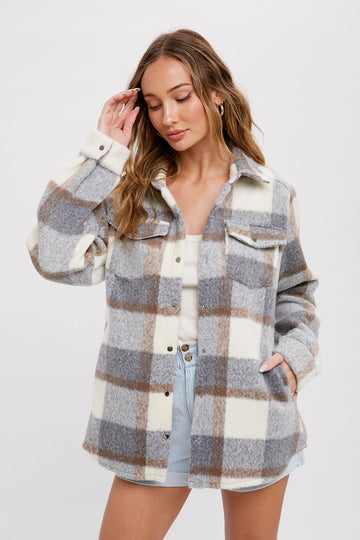 Plaid Brushed Flannel Shacket - Gray