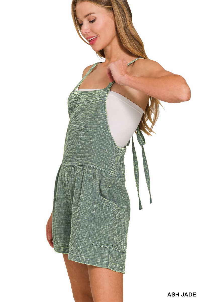 Washed Double Gauze Tie Back Rompers - Ash Jade