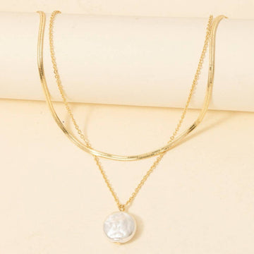Pearl Coin Pendant Layered Chain Necklace - Gold
