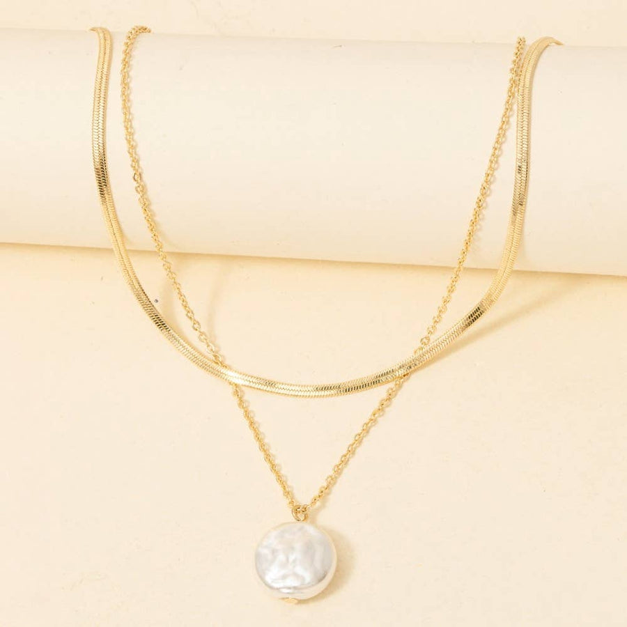 Pearl Coin Pendant Layered Chain Necklace - Gold