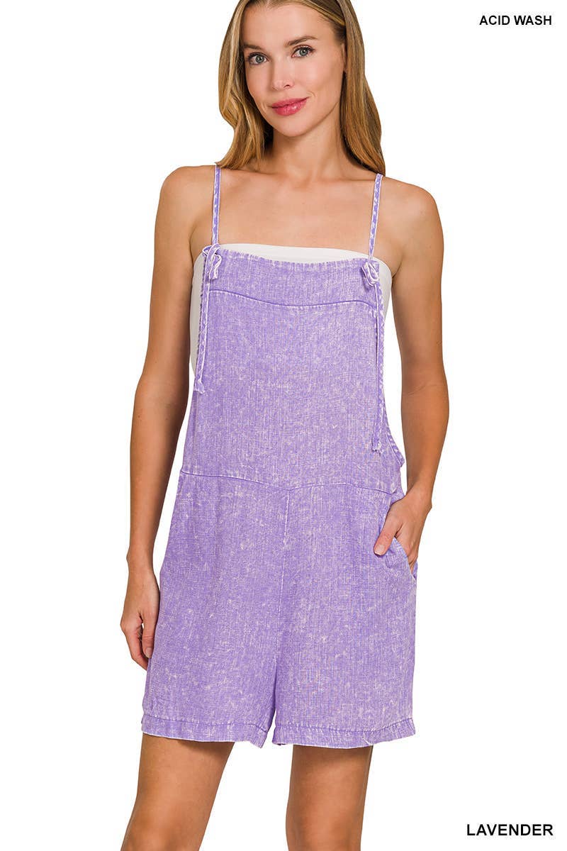 Washed Linen Knot Strap Rompers - Lavender