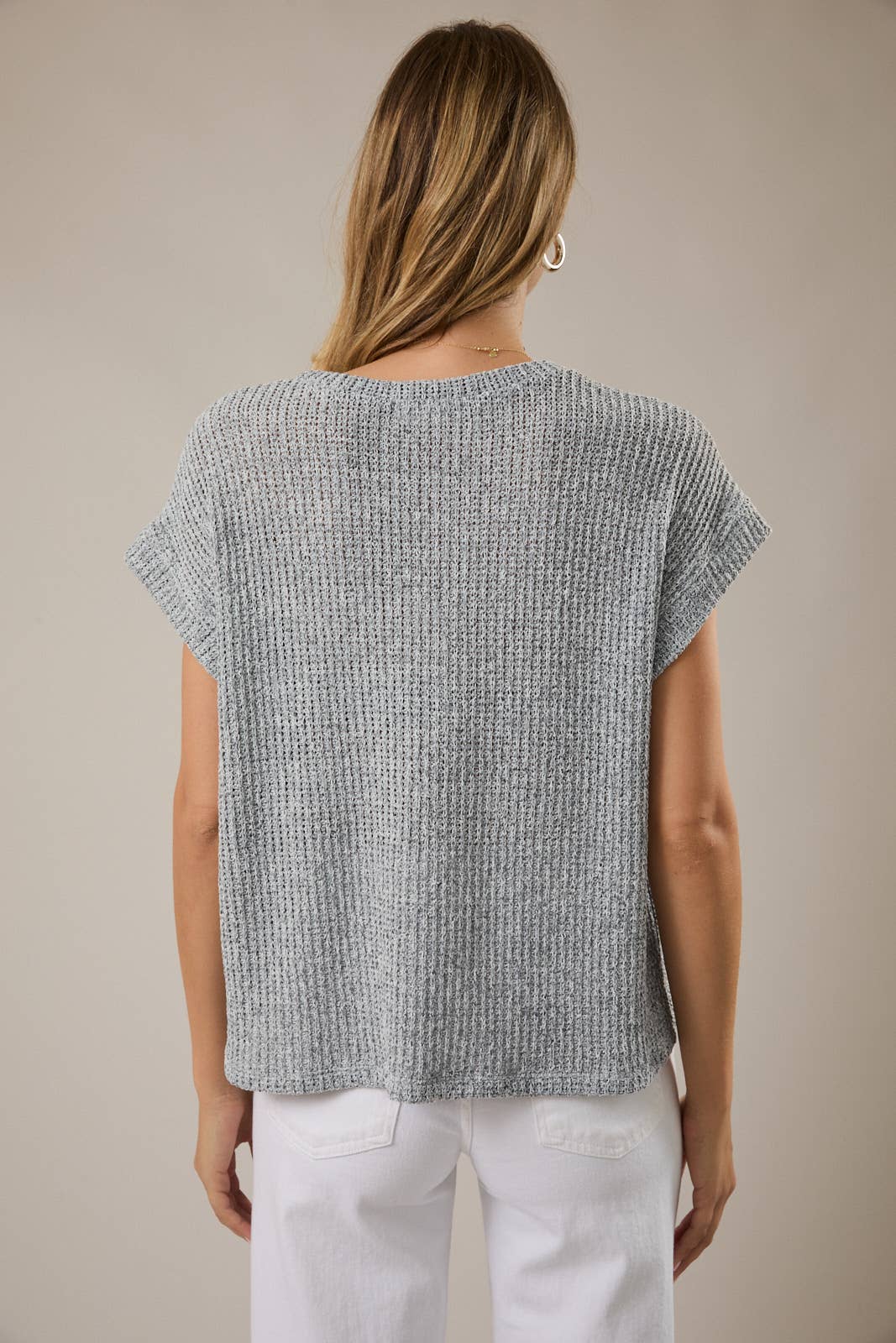 Crew Neck Cuffed Short Sleeve Top with Pocket - Light Grey